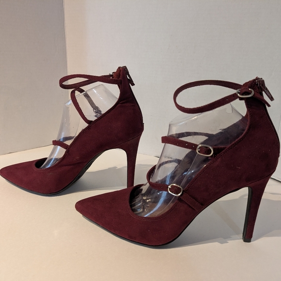 Burgundy Faux Suede 3 Strap Stilleto Heels Sz.10W Christian Siriano‎ - Picture 5 of 15